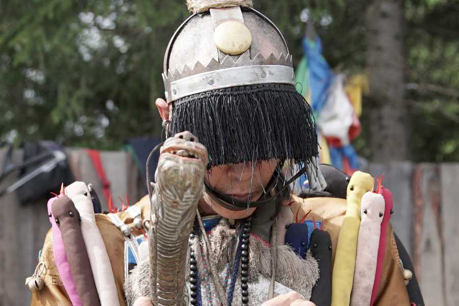 Close up of a shamanic figure wearing headdress with tassels over the face.