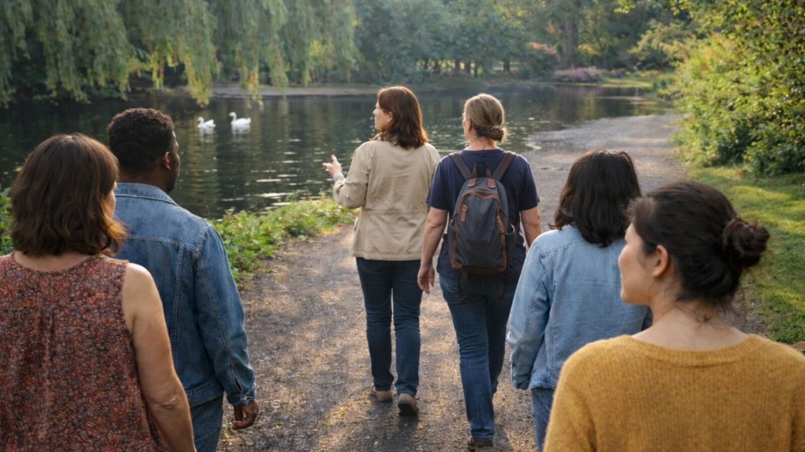 A group of people, pictured from behind, walk in St Stephen's Green and take in the scenery.
