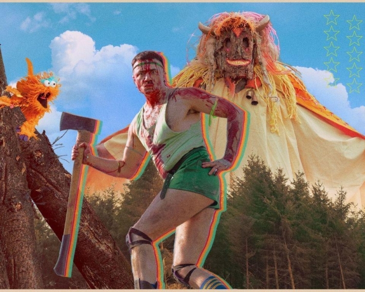 Figure in workout gear holding an axe, photoshopped into a background with strange imagery