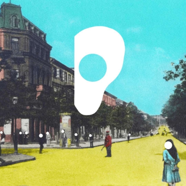 A stylised image of a street where the figures have their faces covered by white dots. A graphic of an ear is overlaid.