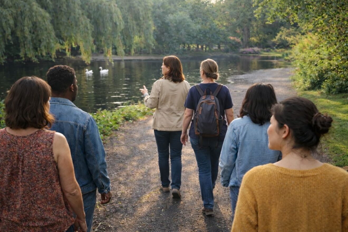 A group of people, pictured from behind, walk in St Stephen's Green and take in the scenery.