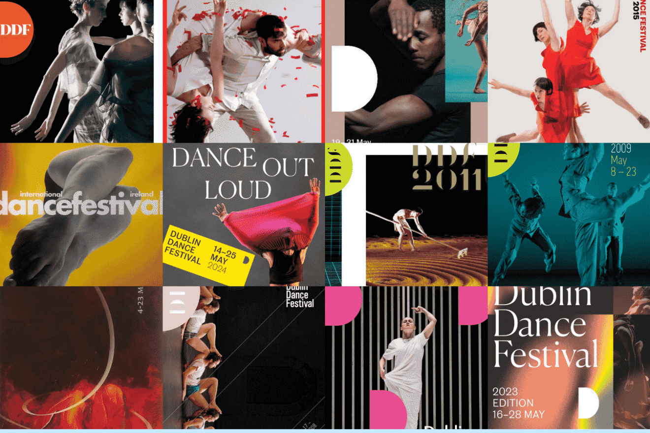 A collage of 21 unique DDF designs spanning from 2002 to 2023, showcasing a vibrant evolution of visual design through dance imagery, typography, and bold colours