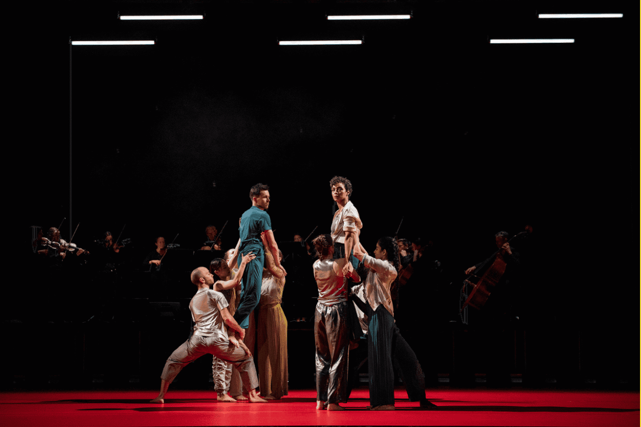 Rehearsal scene from CHORA, featuring LUAIL dancers and Irish Chamber Orchestra musicians collaborating in a studio setting.