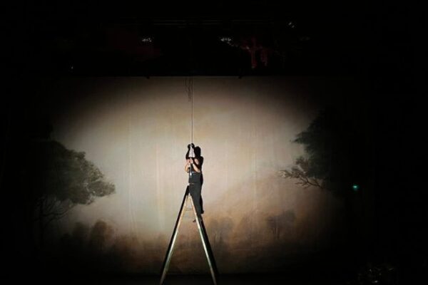 A dark stage with a spotlight on a person standing on a ladder.
